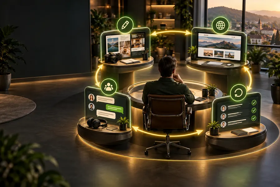 Connected business system linking content, website, customer conversations, and follow-up