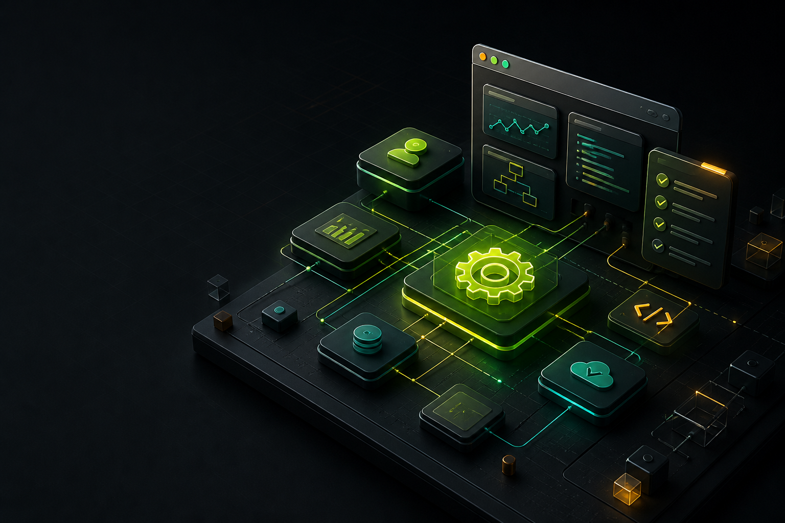 DBM digital garage system modules connected by workflow lines